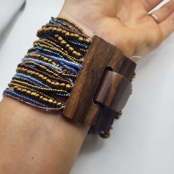 Indonesian Blue Gold Beaded Layered Bangle Bracelet with Wooden Clasp 9in - Picture 2 of 3